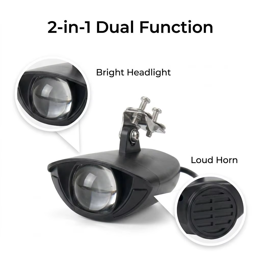 Basket Mount LED Headlight & Horn 80LUX 75-100dB 48V 36V 2.2W IPX4 Electric Bicycle Front Light