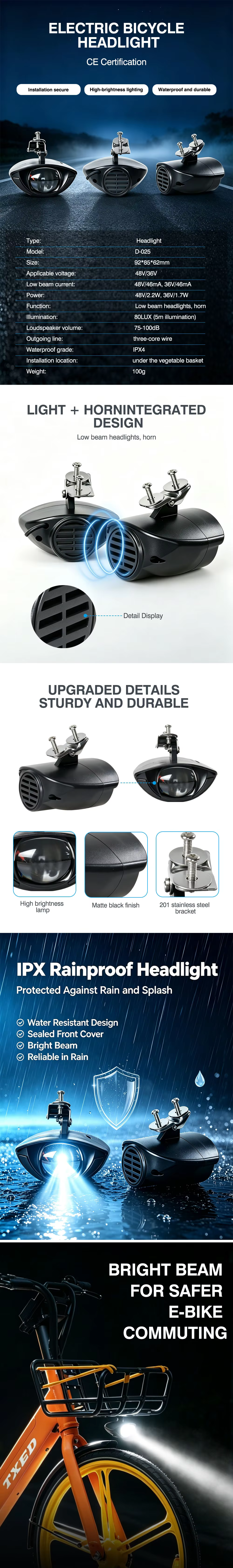 Basket Mount LED Headlight & Horn 80LUX 75-100dB 48V 36V 2.2W IPX4 Electric Bicycle Front Light detail image 1
