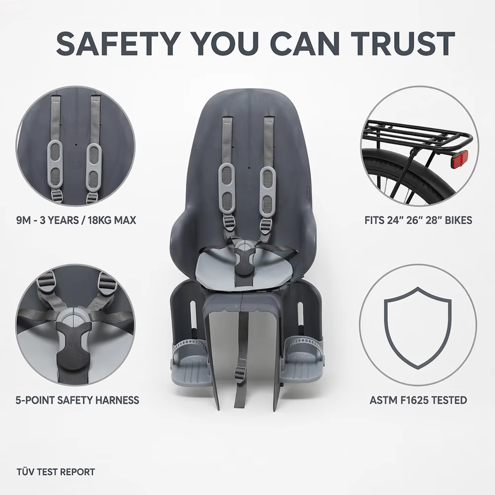 Comfort Shockproof Child Rear Bicycle Seat Anti-Collision Adjustable Footrest Kids Bike Saddle With Secure Safety Harness detail image 5