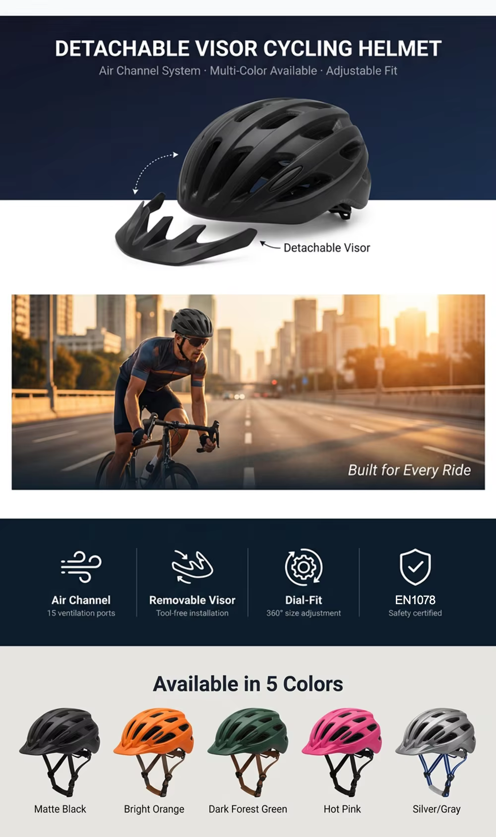 Lightweight PC+EPS Aerodynamic 19-Vent Cycling Helmet with Detachable Visor Adjustable M/L 300g Road Bike Helmet detail image 1